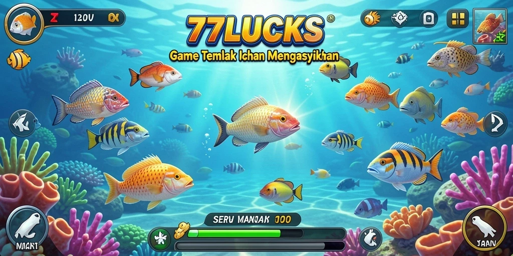 Screenshot gameplay 77LUCKS dengan tampilan menembak ikan yang seru.