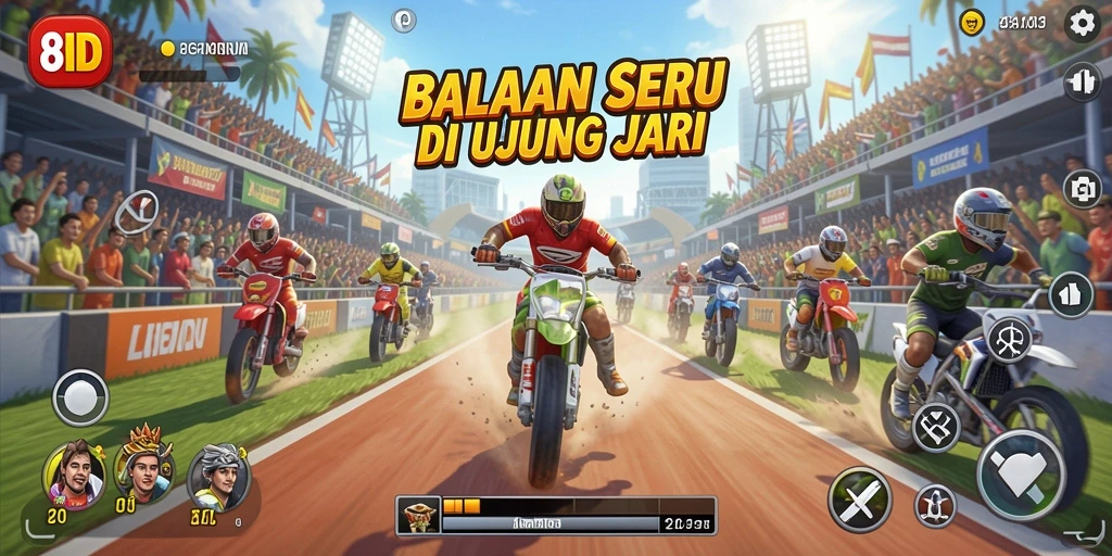 Tampilan balapan seru dari game 8ID dengan mobil dan lintasan menantang.