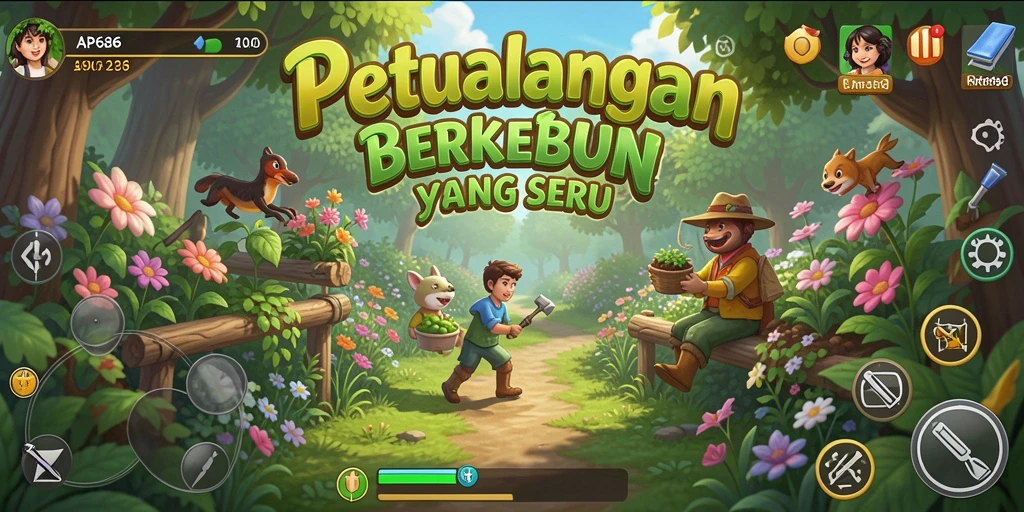 Screenshot gameplay AP686 menampilkan kebun yang rimbun dengan berbagai tanaman.