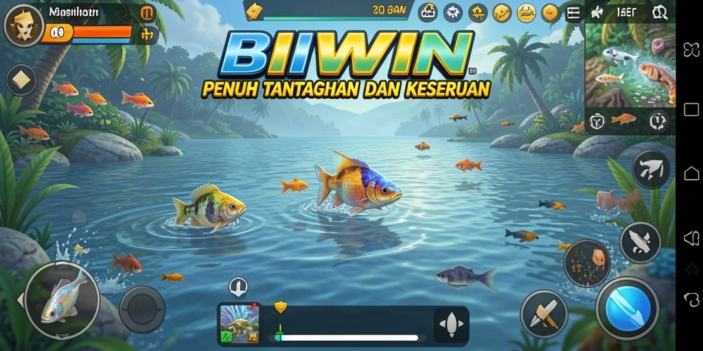 Screenshot gameplay BIWIN menunjukkan aksi memancing yang mendebarkan dan lokasi yang indah.