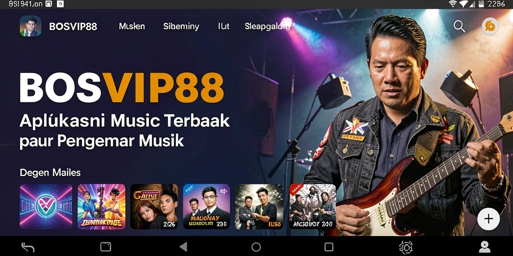 Screenshot utama BOSVIP88 menampilkan antarmuka aplikasi dengan pilihan lagu yang menarik.