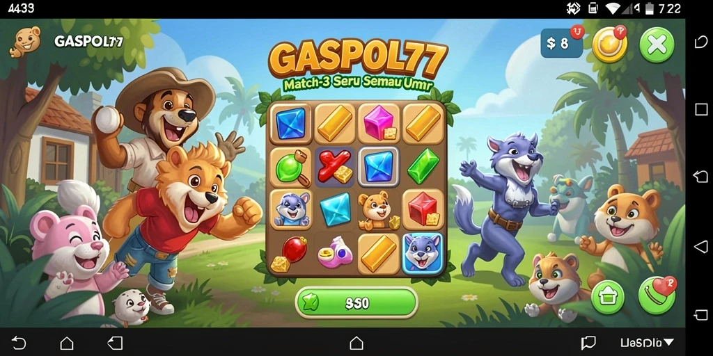 Screenshot utama GASPOL77 menampilkan gameplay match-3 yang seru dan menantang.