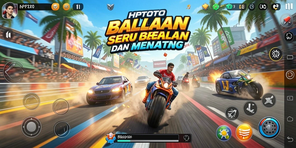 Tampilan gameplay HPTOTO dengan mobil balap melaju kencang di lintasan.