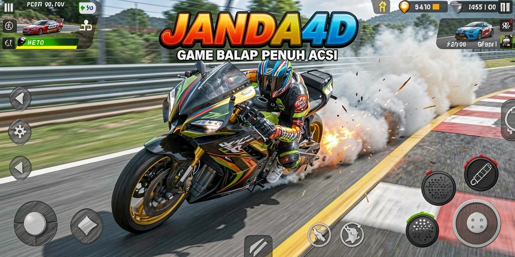 Screenshot utama menampilkan aksi seru balapan motor di JANDA4D.