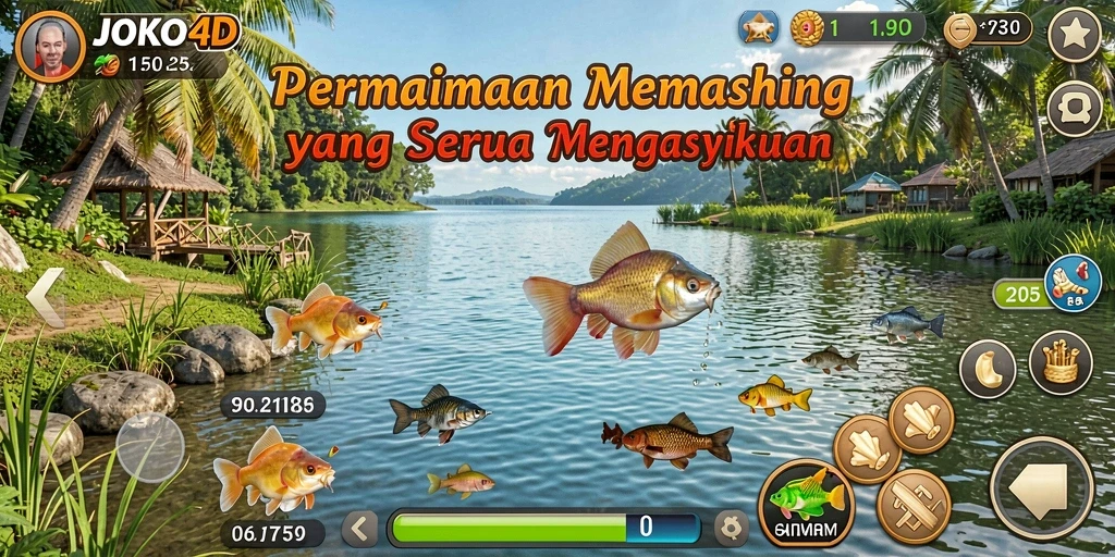 Screenshot gameplay JOKO4D menampilkan aksi memancing yang menegangkan.