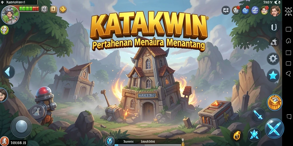Screenshot gameplay KATAKWIN menampilkan menara yang siap menghadapi gelombang musuh.