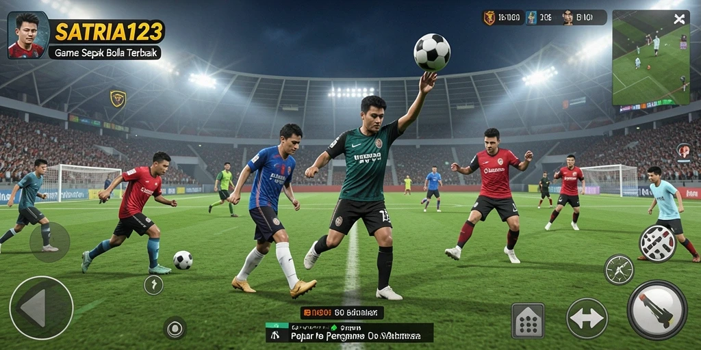 Screenshot utama SATRIA123 menampilkan aksi seru dalam pertandingan sepak bola.