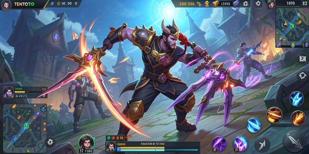 Tangkapan layar TENTOTO memperlihatkan aksi pertarungan MOBA yang intens.