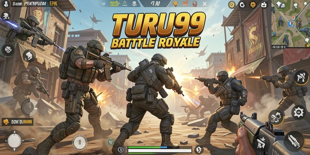 Tangkapan layar dari gameplay seru di TURU99, menunjukkan aksi Battle Royale.